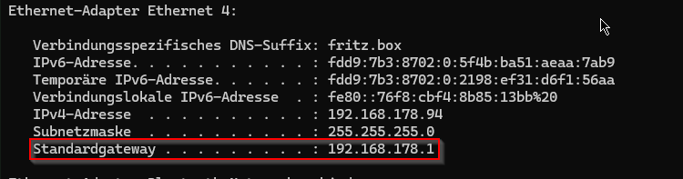 Image highlighting Default Gateway
